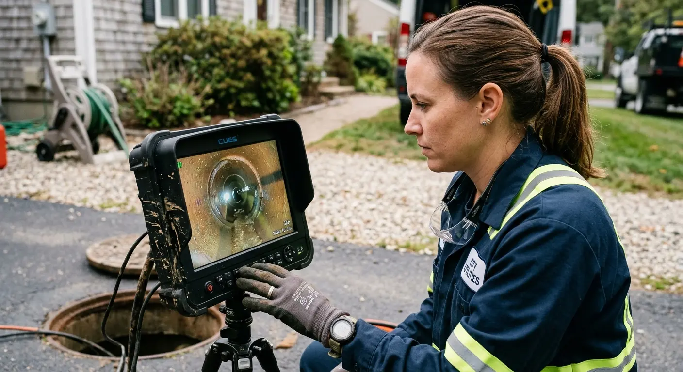 Technician reviewing sewer camera inspection footage in Fort Hood