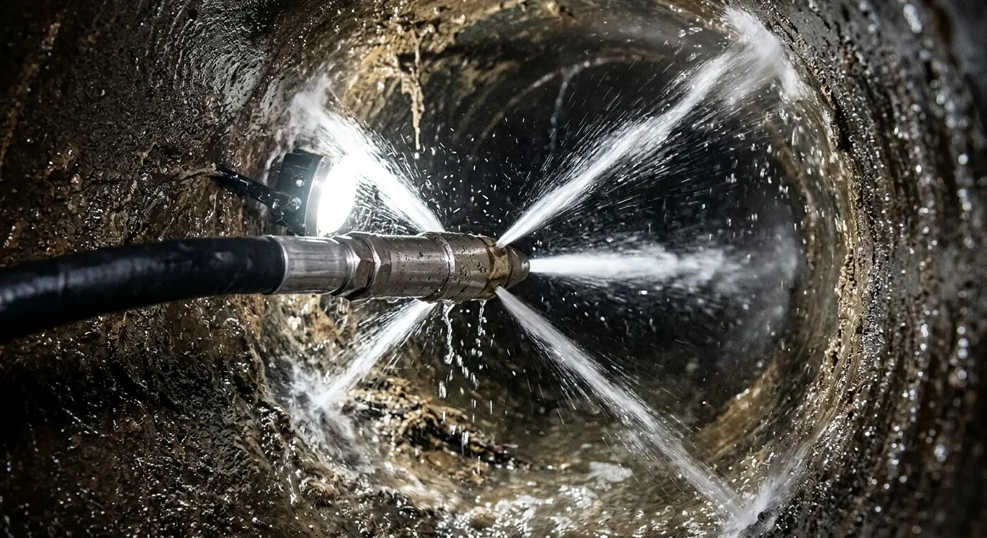 High-pressure hydro jetting nozzle cleaning sewer pipe for Emergency Drain Service in Fort Hood