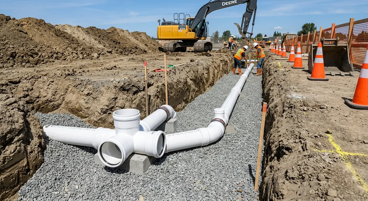 New PVC sewer pipe installation in open trench for Sewer Backup in Fort Hood