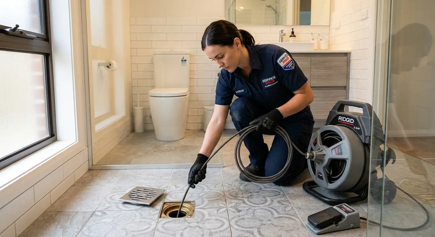 Technician clearing a bathroom floor drain for Clogged Drain Repair in Fort Hood